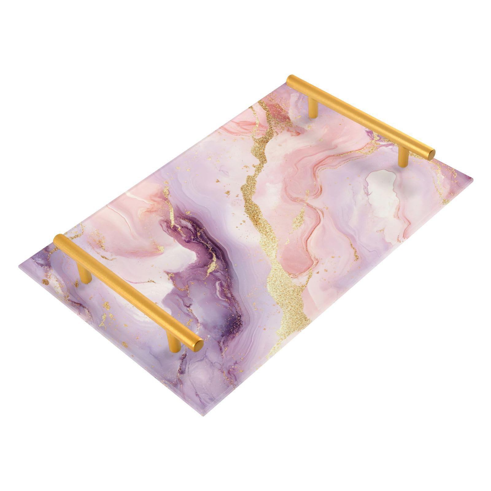 GUIJI Mixed Golden Marble 3 Acrylic Tray, Perfume Cosmetic Jewelry Decorative Trays Bathtub Organizer, Living Room Kitchen Serving Tray with Gold Handles