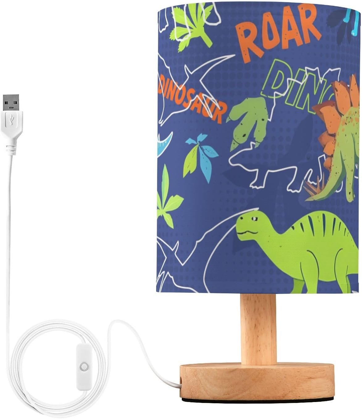 Green-Blue-Orange Dinosaur Table Lamp Bedside Lamps with USB Port,Wood Base Round Flaxen Fabric Shade for Bedroom