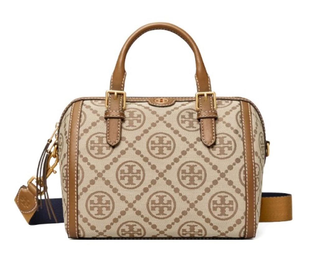 Tory Burch 83970 T Monogram Hazelnut Tan/Khaki With Gold Hardware Jacquard Women's Barrel Tote Bag