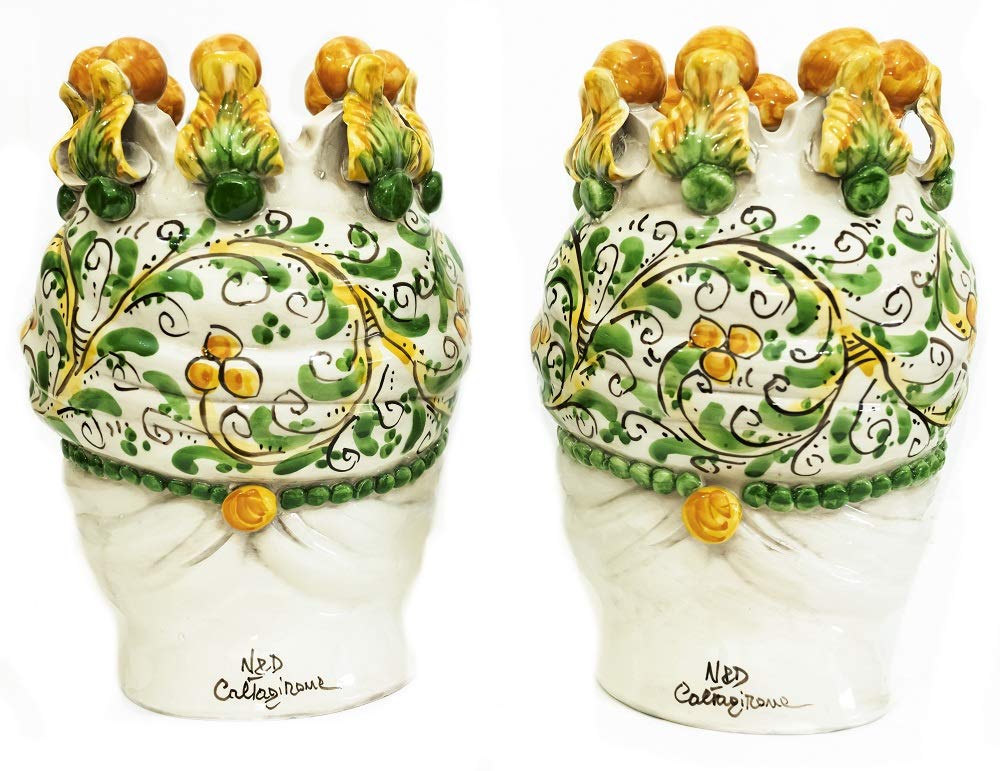 Coppia teste di moro Caltagirone giallo in ceramica siciliana vaso grande H 30 cm
