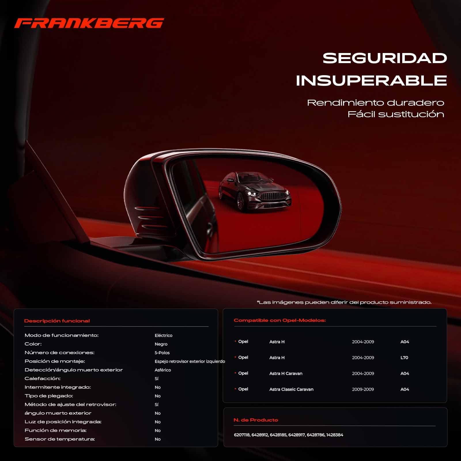 Frankberg Espejo exterior eléctrico izquierdo 6207118 | Calentado; Compatible con: Astra H A04, Caravana clásica Astra A04, Caravana Astra H A04, Astra H Berlina A04