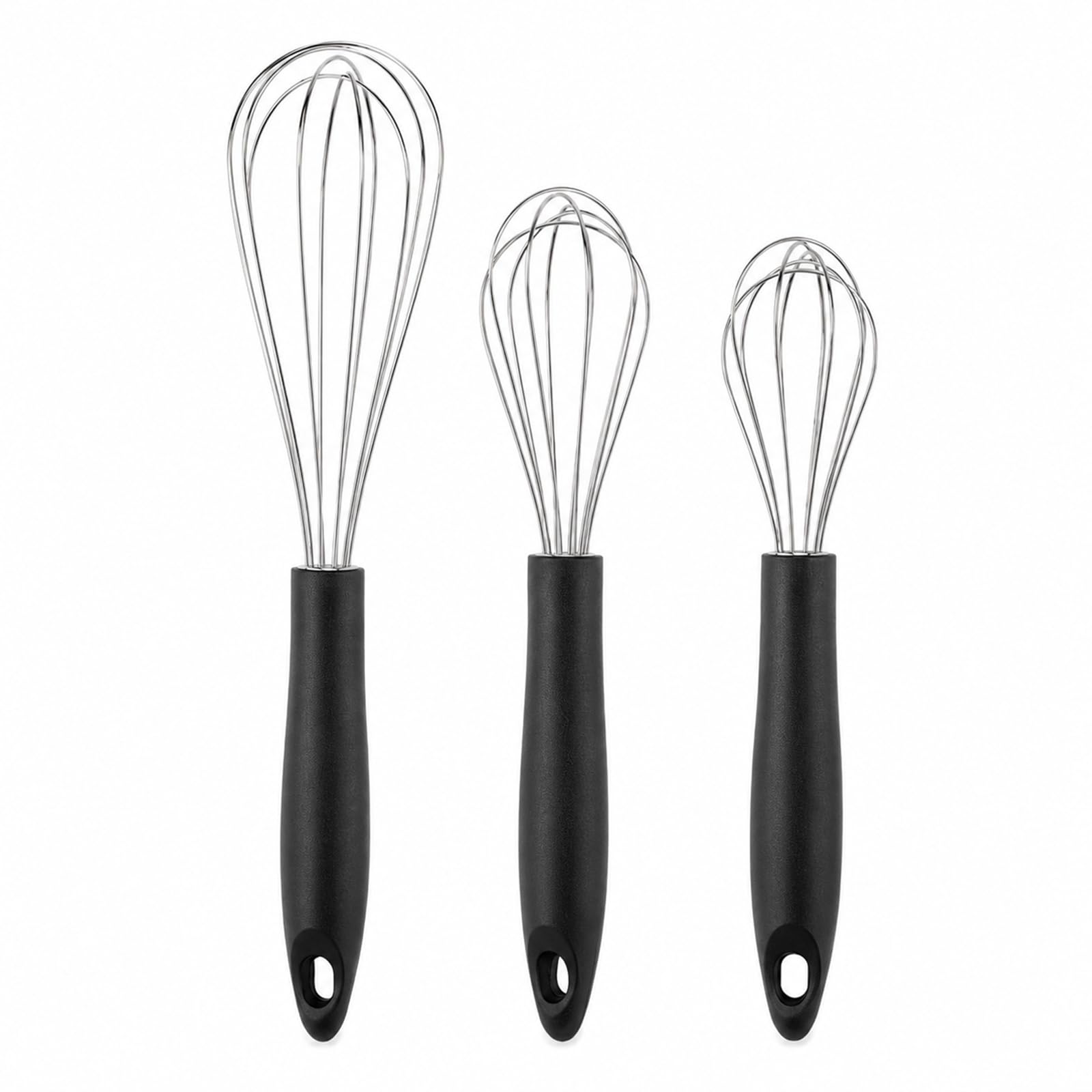 3-Piece Silver Stainless Steel Whisk Set - Balloon Whisks with Sturdy Black Handles & Hanging Loops, Ideal for Baking, Frothing Milk, Whisking Eggs & Mixing Batters