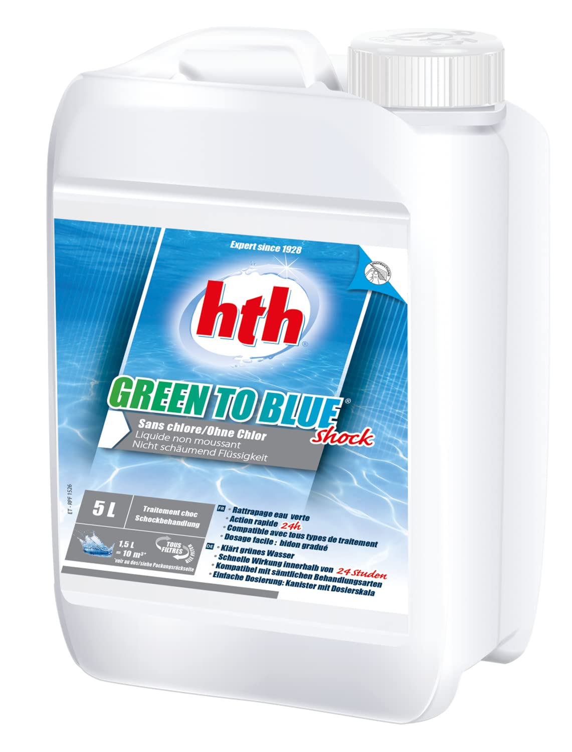 HTH Green to Blue Shock 12% Liquide - 5L | Anti-Algues Choc - Rattrapage Eau Verte - Désinfection Choc sans Chlore - Oxygène Actif - Péroxyde d'Hydrogène + 10 Tests HPS OFFERTS 6 en 1