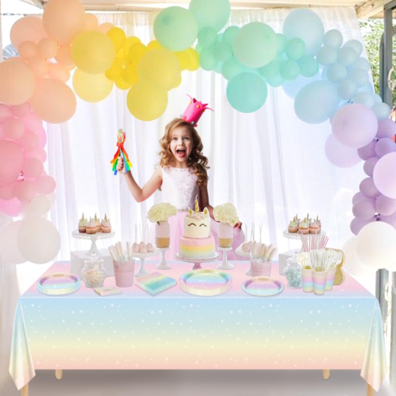 Pastel Rainbow Party Supplies for 20 Guests - Disposable Tableware Set Includes Pastel Paper Plates, Napkins, Forks, Tablecloth for Girls Birthday Party, Baby Shower - Image 7