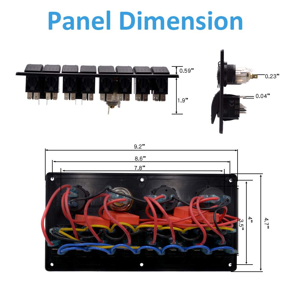 Pannello interruttori a bilanciere per marina/barca, 8 interruttori a levetta impermeabili con Voltmetro digitale e adattatore di alimentazione 3,1A Dual USB e presa accendisigari da 12V
