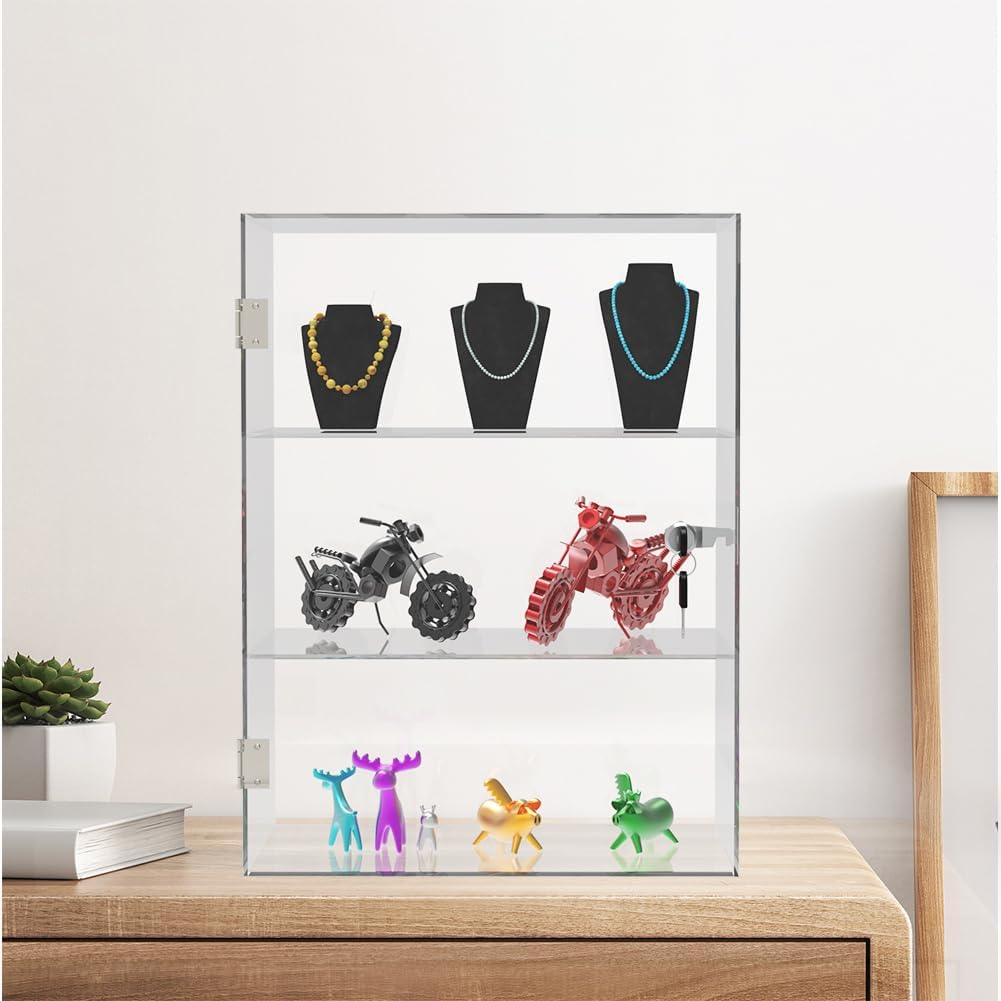 Clear Acrylic Countertop Display Case: 3-Shelf Showcase with Lock Key - Display Cabinet Suitable for Figures Rock Collectibles(11.8x5.9x15.7 inch)