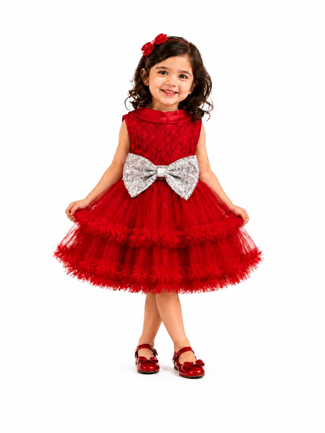 NEUDIS Girls Red Lace Party Dress with Sequin Bow & Layered Tulle Frill Skirt | Birthday-picture-13