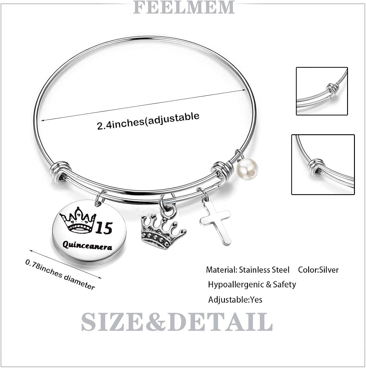 Miniatura 7 de FEELMEM Quinceañera - Pulsera de 15 cumpleaños para niñas y niñas 15 años de quinceañera brazalete de alambre expandible joyería de membrillo para