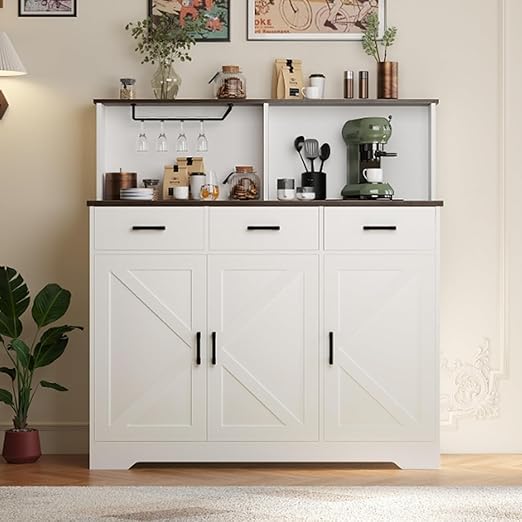 GarveeHome Farmhouse Sideboard Buffet Cabinet with Microwave Stand, Barn Doors Buffet Storage Cabinet with Drawers and Shelves, Wood Coffee Bar Pantry for Kitchen, Dining Room, Living Room, White