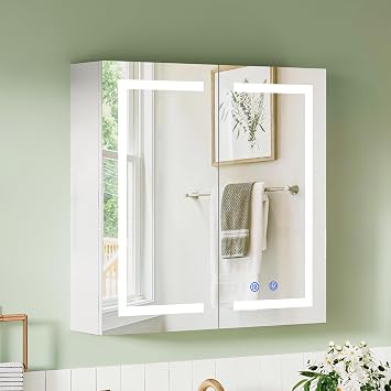 Bathroom Wall-Mounted Mirror Cabinet with Led Lights and Shaver Socket,Upgraded Illuminated LED Bathroom Cabinets with Mirror,Demister Pad, Dimmable, 3 Colour Light, 600mm 600mm [Energy Class E]