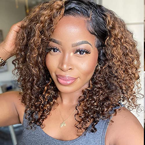 Klaiyi Ombre Brown Curly U Part Wig Human Hair V Part Wigs Balayage Highlights Fb30 Glueless Human Hair U Part Wigs For Black Women Beginner Friendly No Sew In Clip In Half Wig 150% Density 16Inch #TOP7