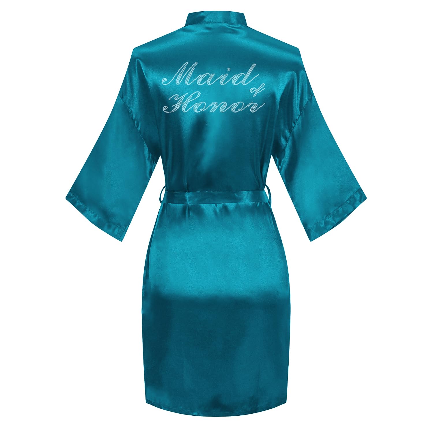 Women's Satin Robe Bride Bridesmaid Short Kimono Robes with Silver Rhinestones for Wedding Party Getting Ready