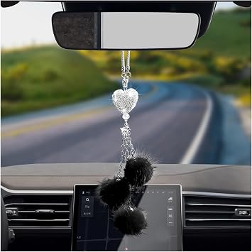 Dickno Bling Car Hanging Ornament, Cute Love Heart and Pink Plush Ball Rear View Mirror Pendant for Women Girls, Crystal Auto Rearview Mirror Charm Decor Accessories for All Vehicles Black
