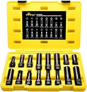 Topec 16 SAE Metric Piece Locking Lug Master Key Set, Wheel Lock Removal Kit for the Purpose of Easily Removing Locking Lug Nuts on Aftermarket Wheels