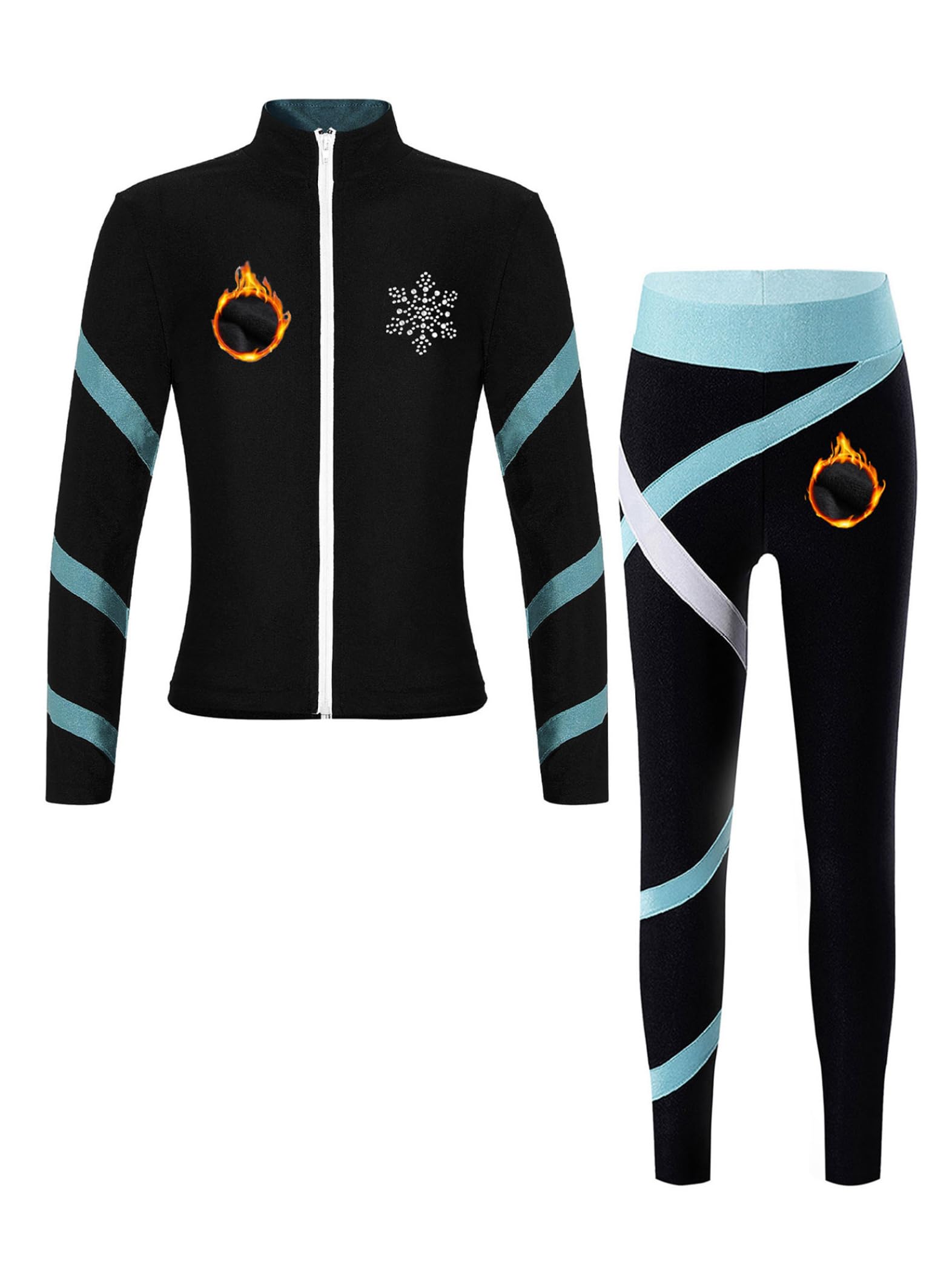Fille Ensemble de Patinage Artistique Polaire Chaud Veste Sweat Zippé avec Pantalon Legging Danse Gym Survêtement Sport Bleu Clair 11-12 Ans