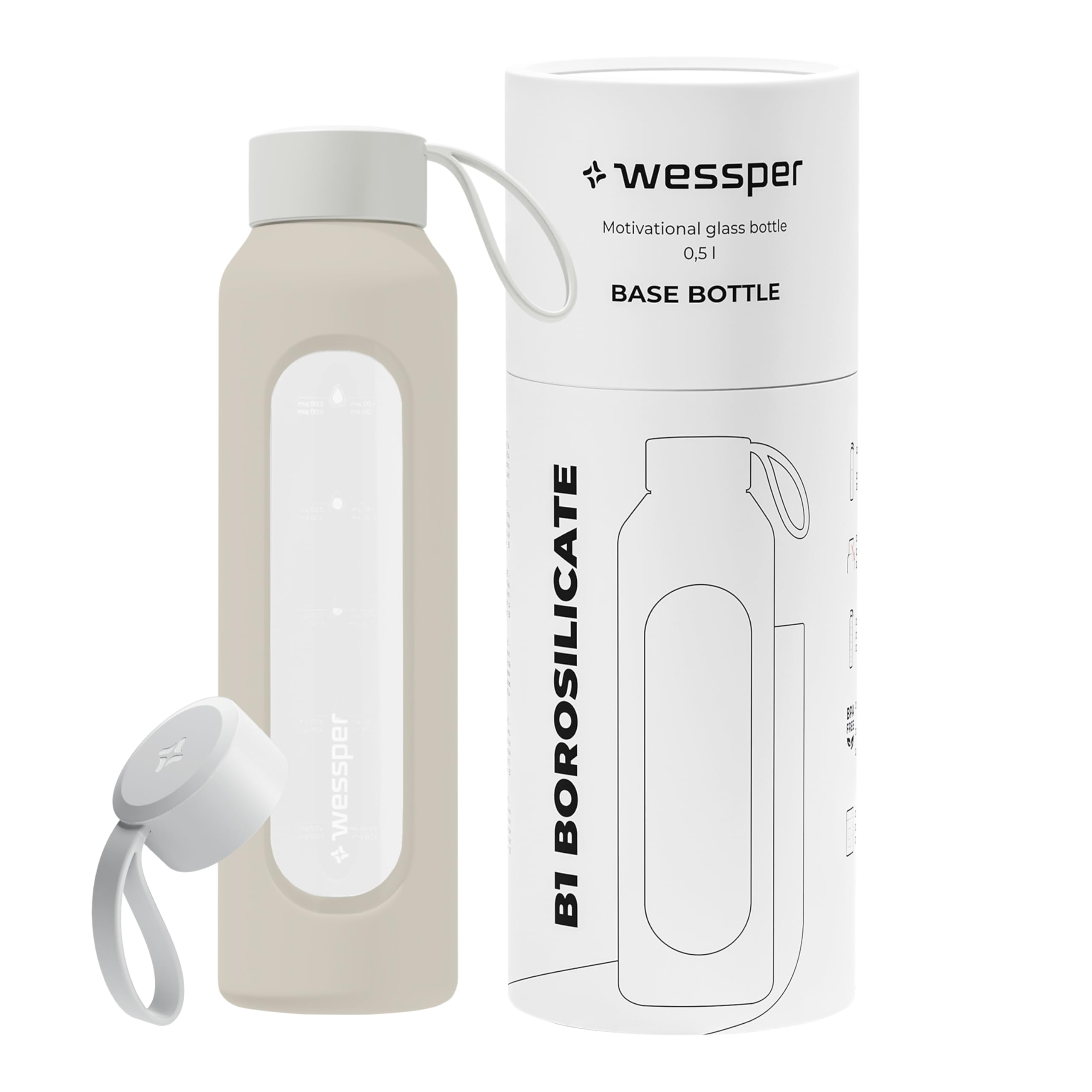 Wessper Botella de Agua Cristal, Botella 500 ml Motivadora con Escala de Hidratación, Botellas de Vidrio Borosilicato con Funda de Silicona, Material Seguro sin BPA - Violeta — view 8