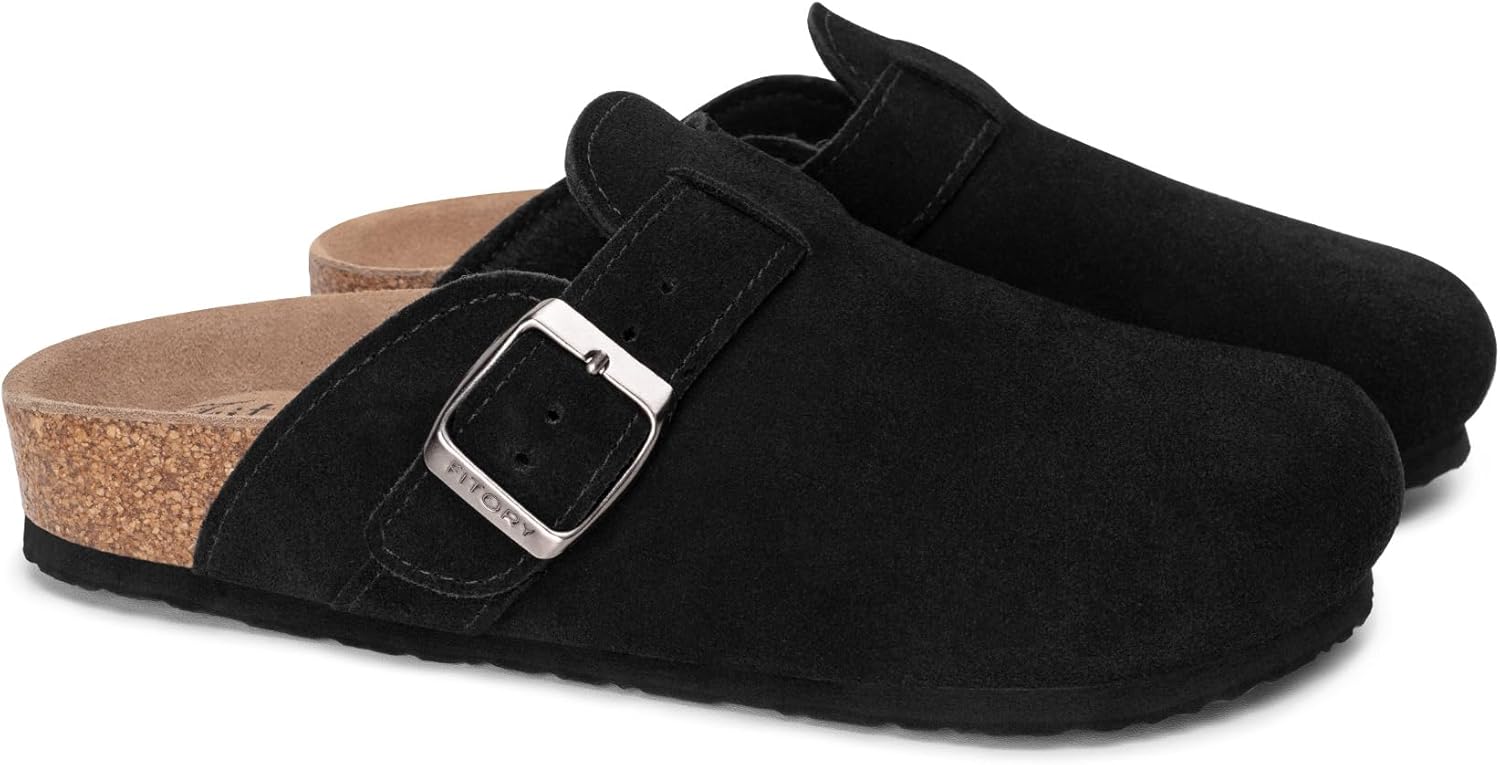 FITORY Womens Clogs Slip-on Potato Shoes Leather Mules with Suede Cork Footbed Size 6-11 - Image 4