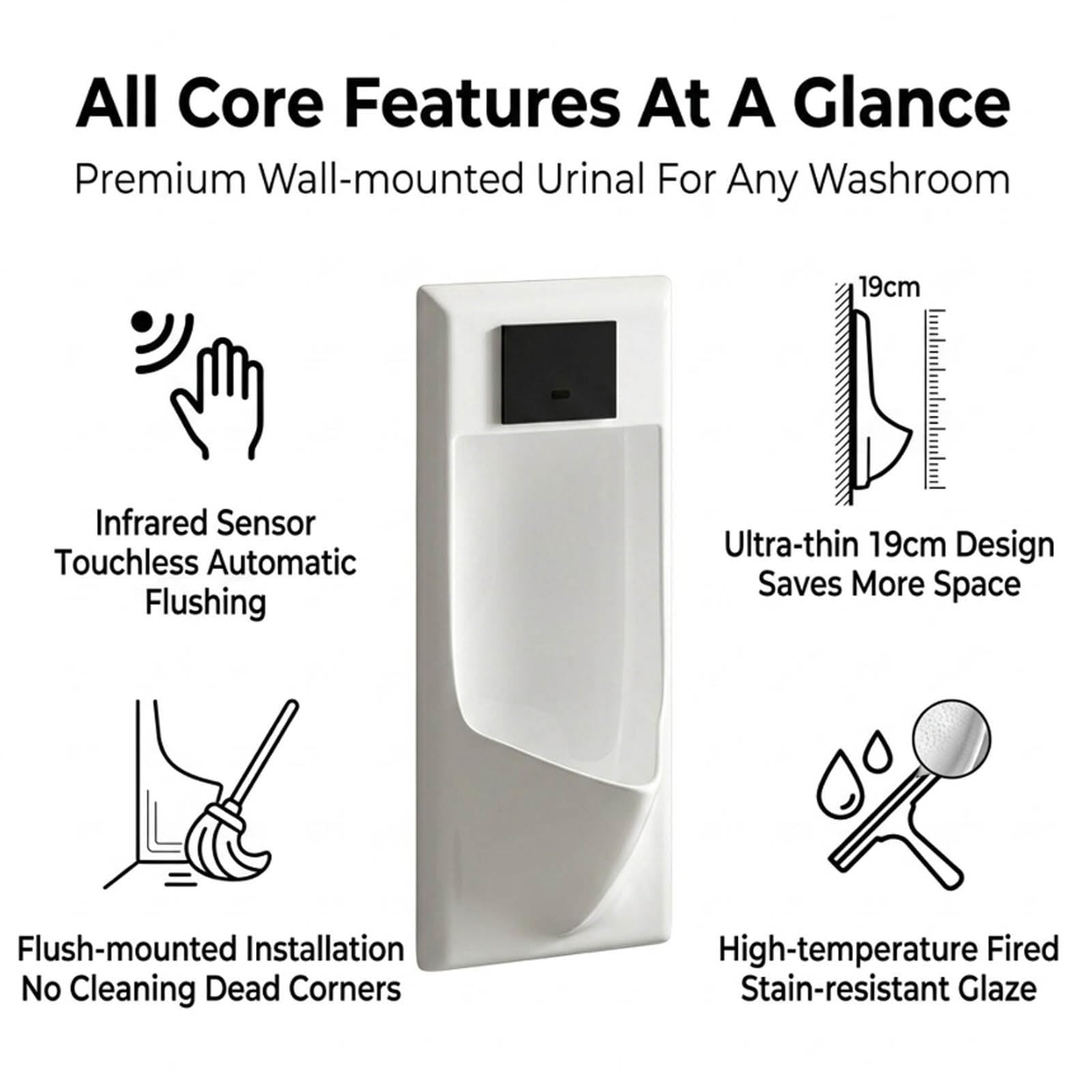 Ultradünnes, wandhängendes Urinal für Männer, Urinal mit Sensorautomatik | Ausgestattet mit einer sensorgesteuerten Spülung; für öffentliche Toiletten, Hotels, Einkaufszentren(A)