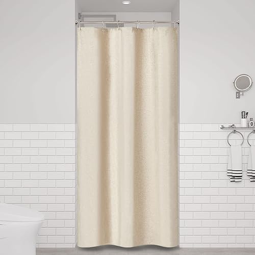 Miniatura 6 de BTTN - Juego de cortina de tela con textura de lino para cubículo de ducha angosto, con 6 ganchos de plástico, diseño con peso de alta resistencia y