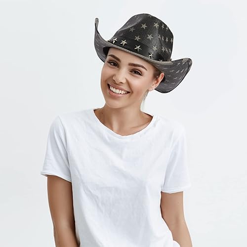 Miniatura 5 de Sombrero de vaquero de paja de Estados Unidos para hombres y mujeres, aspecto vintage, sombrero de vaquera para fiesta de disfraces (tamaño adulto)