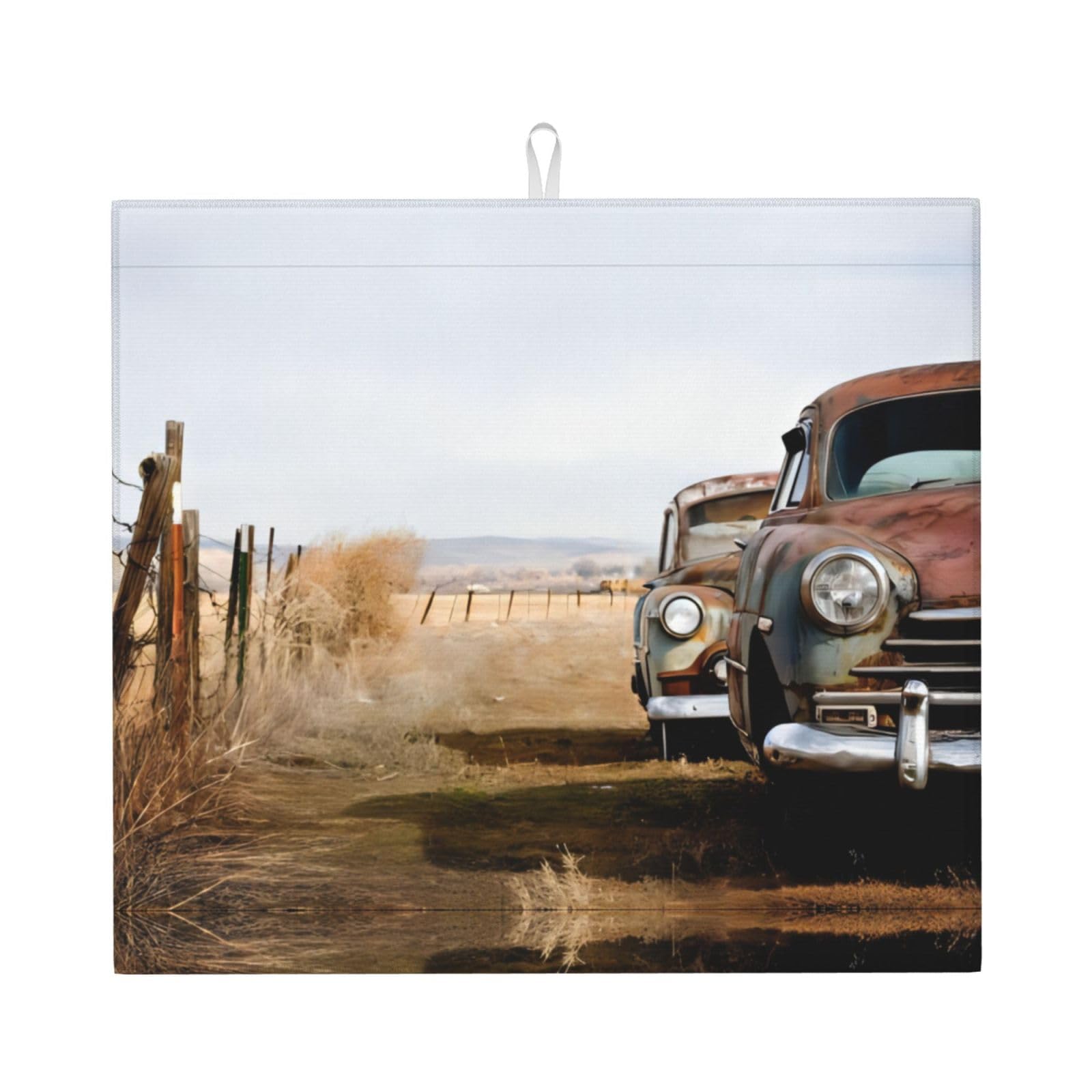HJFCZH Antique Car Prints Kitchen Drying Mat – Absorbent Dish Throw for Countertops, Quick-Dry Non-Slip Layer with Colorful Designs, for New Kitchens