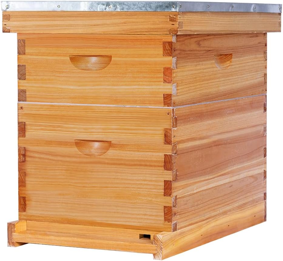 POLLIBEE 8 Frame Beehive Beeswax Coated Langstroth Bee Hives Include 1 Deep Boxes and 1 Medium Bee Box with Beehive Frames and Foundations(Unassembled)