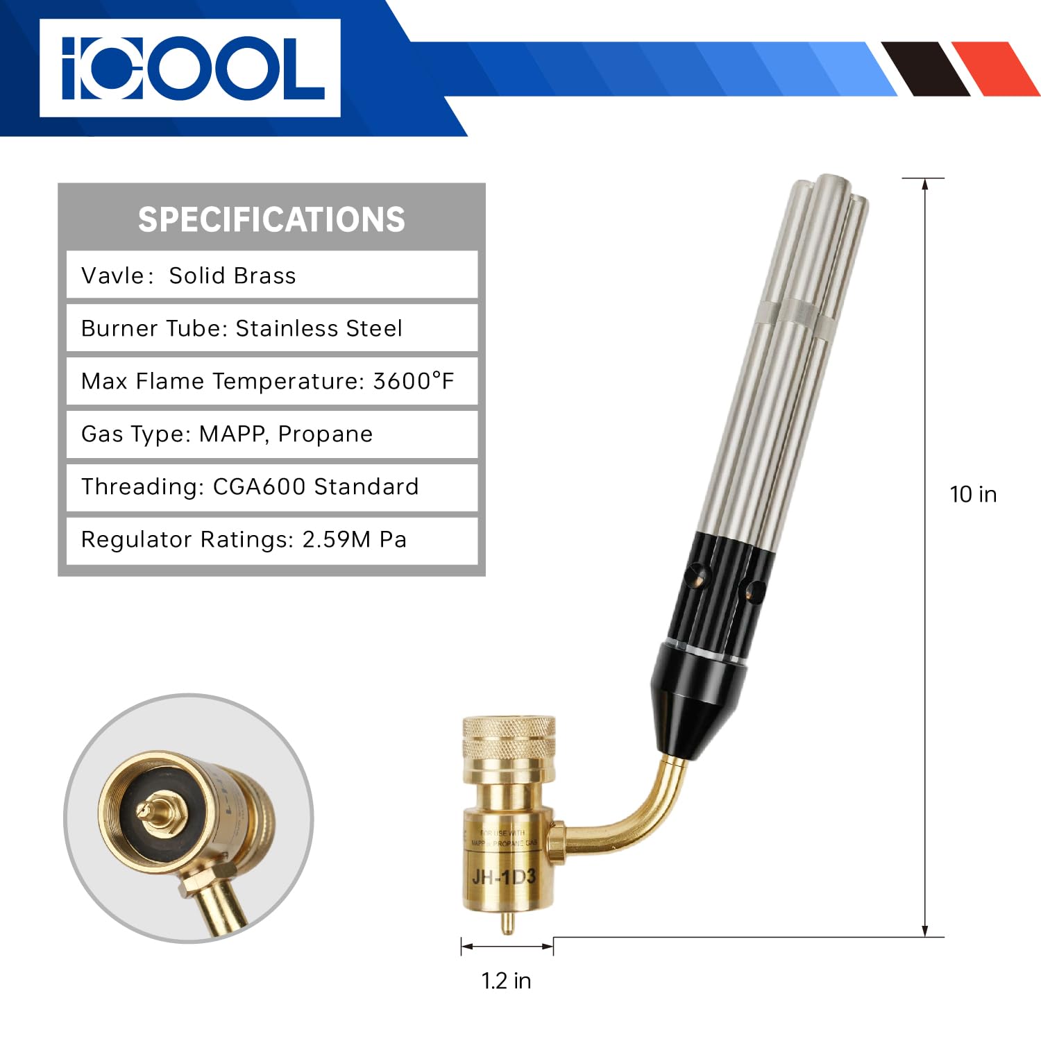 ICOOL Linterna de mano de triple llama, temperatura máxima de 1,982.2 °C, antorcha de gas propano MAPP para soldadura, fontanería, HVAC