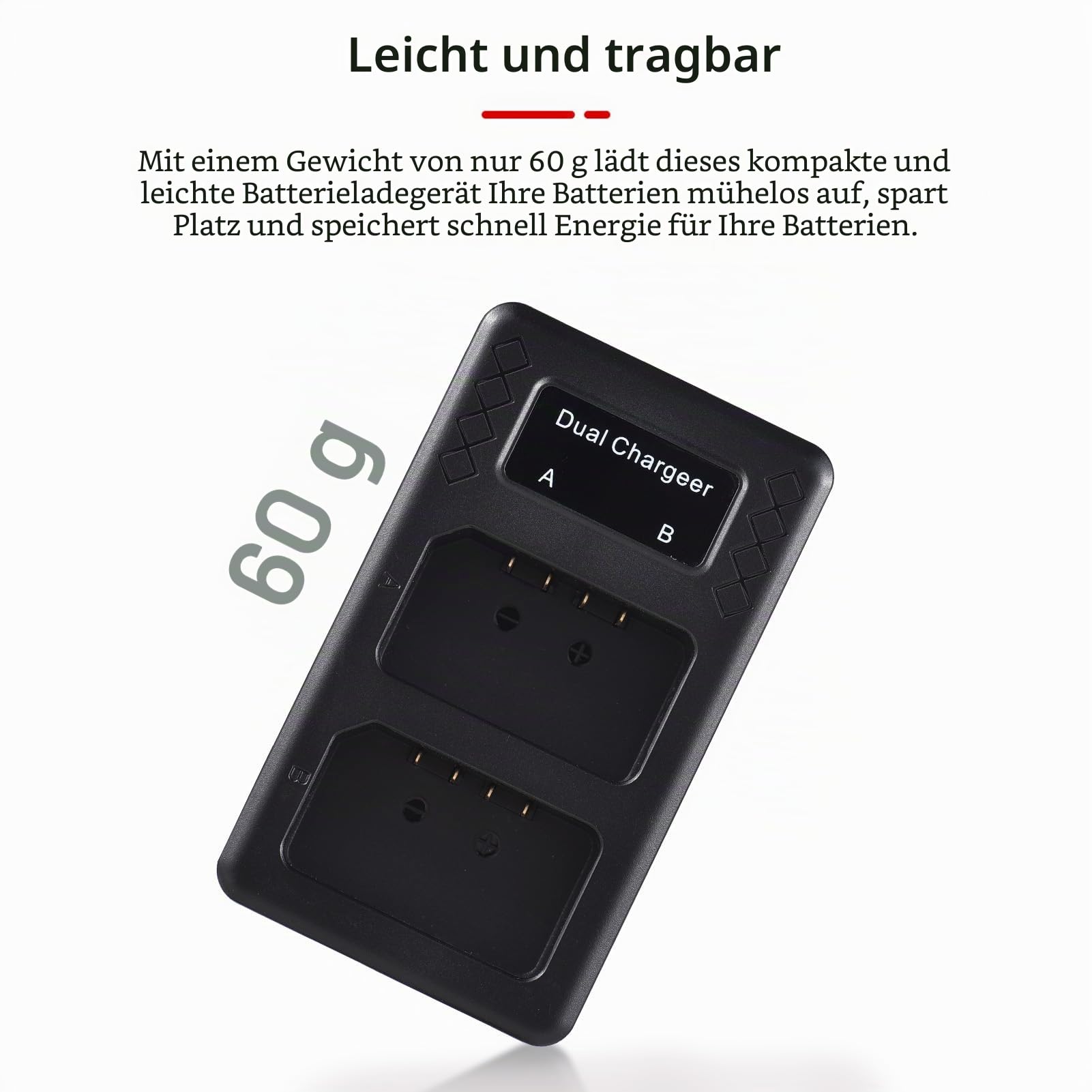 Tragbares 2-Schlitz-Akkuladegerät für Godox-Blitzakku mit 2 Kontrollleuchten für Godox V1/ V860III Blitz-Speedlite-Akkus VB26A/VB26B/VB30