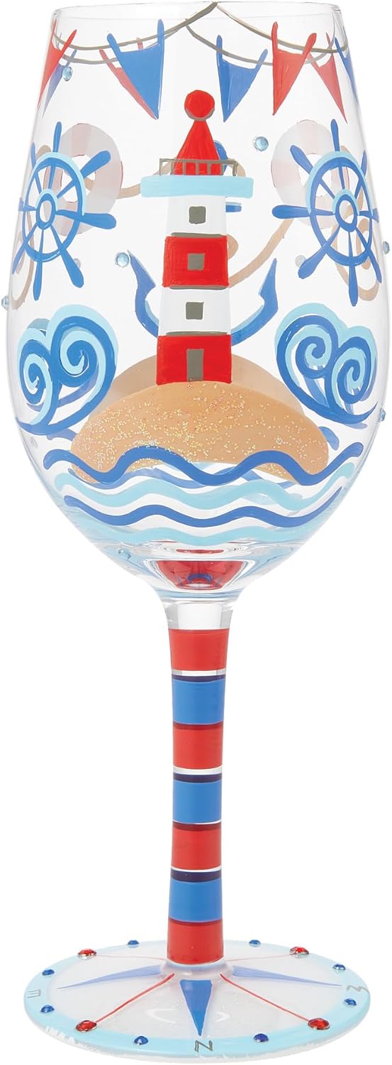 Enesco Lolita Designs Nautical Light House Hand-Painted Artisan Wine Glass, 15 Ounce, Multicolor