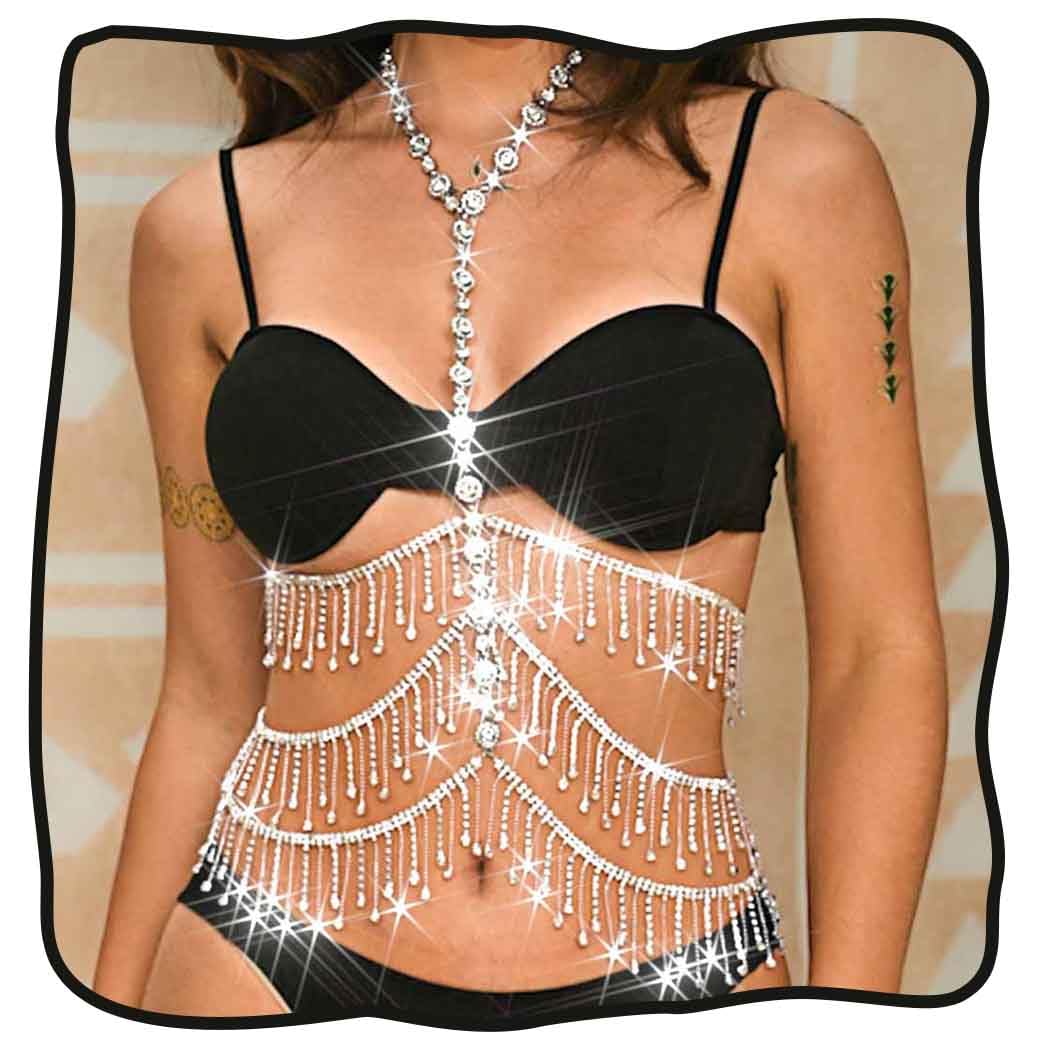 DRESBELayered Rhinestone Waist Body Chain Silver Crystal Bikini Chest Chains Sparkly Body Jewelry Accessories for Women