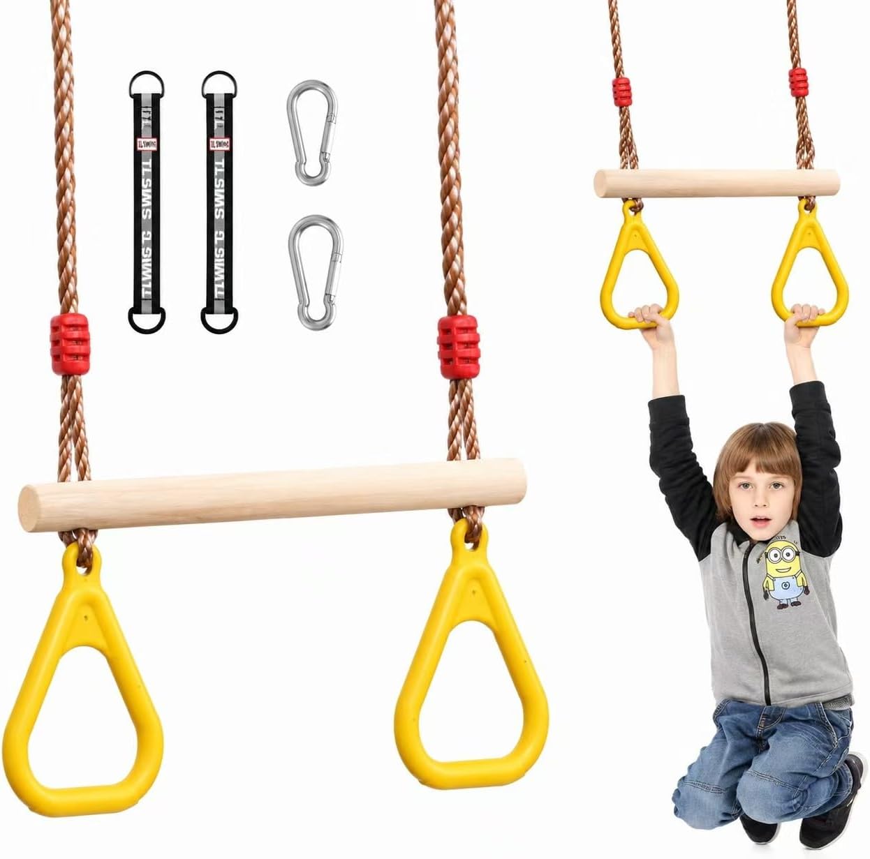 Trapeze bar,Morwealth Multifunctional Children's Wooden Trapeze Swing with Plastic Rings Gymnastics Rings for Hanging Up to 120 kg for Indoor and Outdoor Use