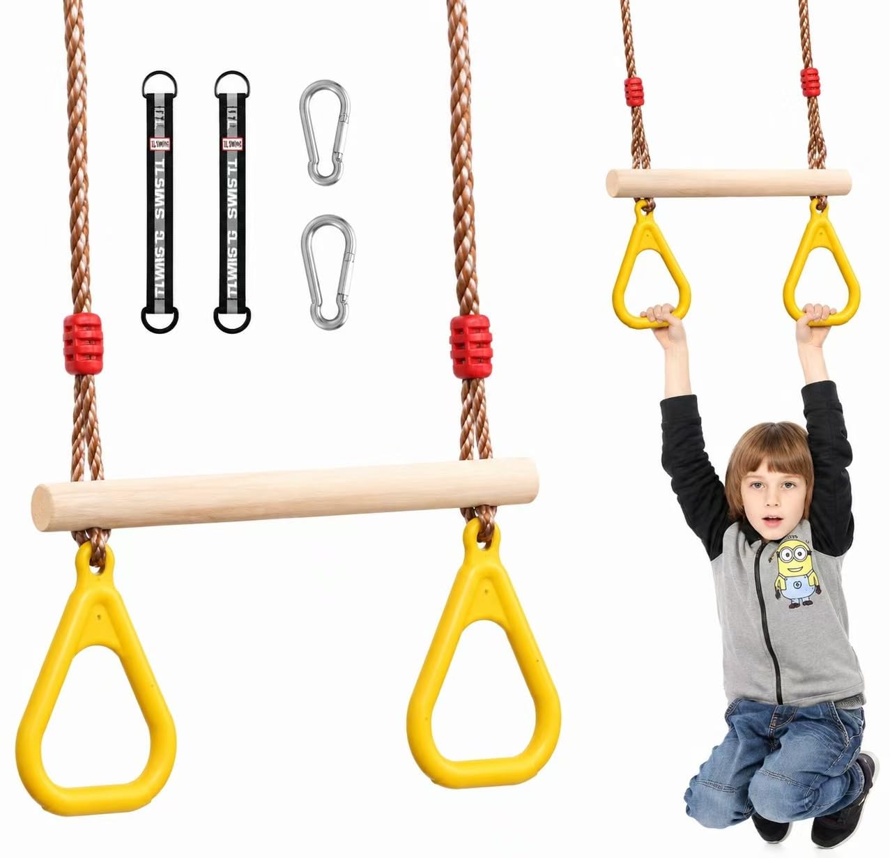 Trapeze Multi-function Children's Wooden Swing with Plastic Rings, Hanging Rings, Supports up to 120 kg for Indoor and Outdoor (Yellow)