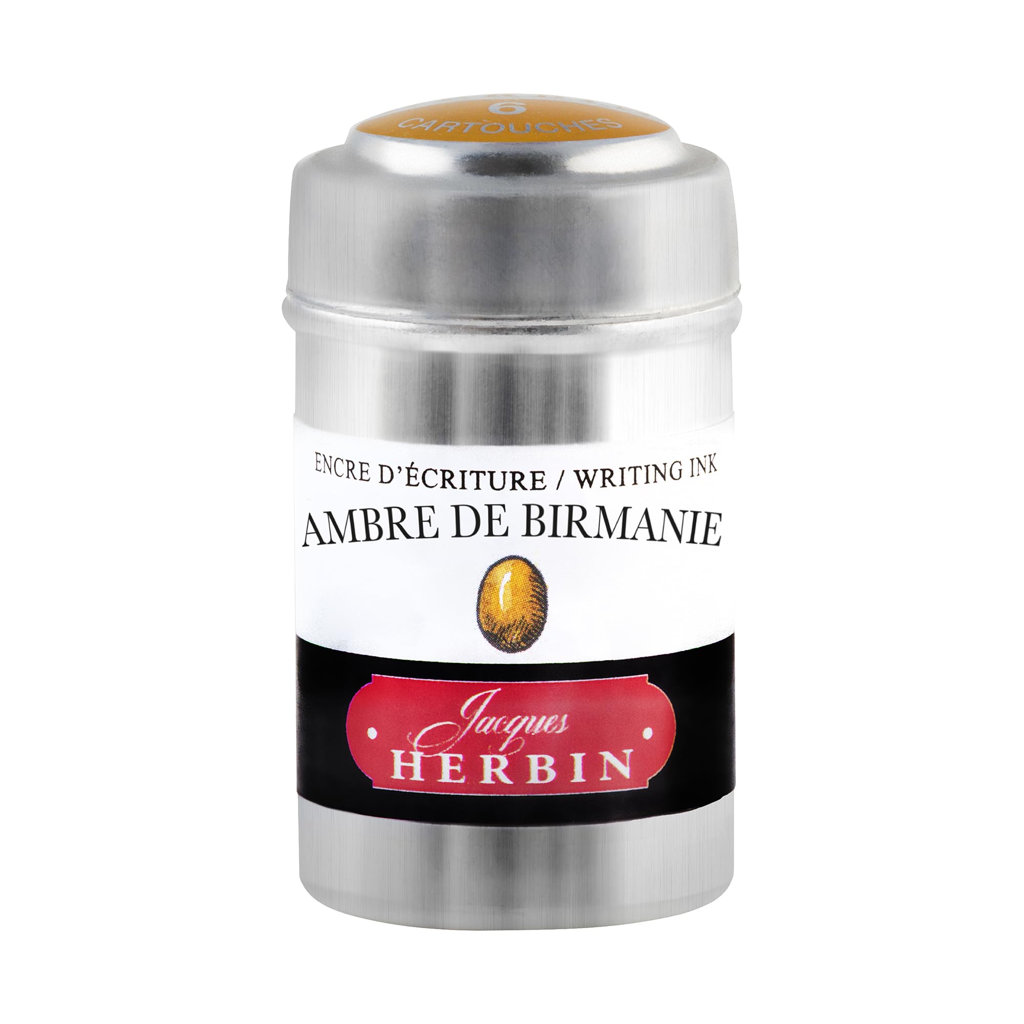 Jacques Herbin 20141T - A box of 6 ink cartridges for fountain pens and rollerball pens (packaging-free product - zero-waste objective), Ambre De Birmanie