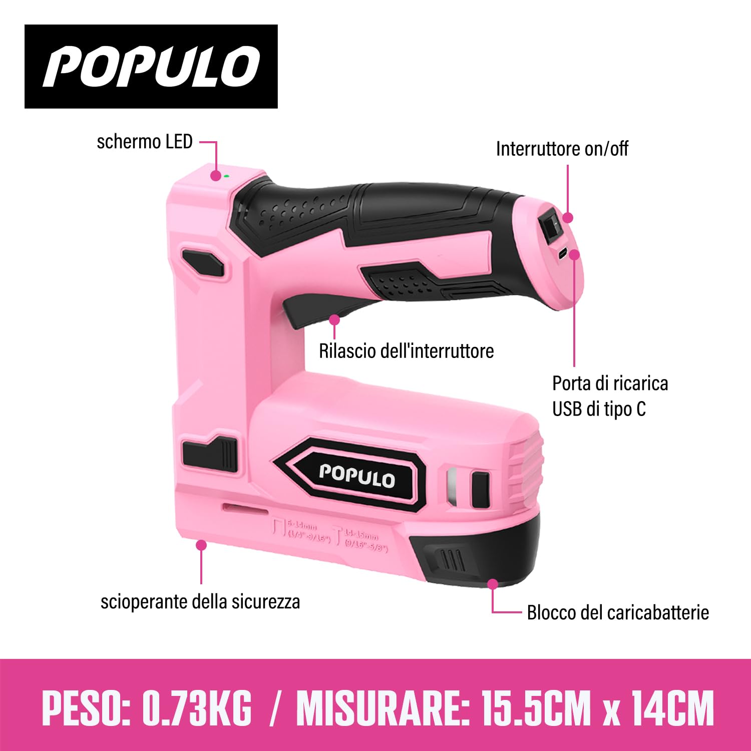 POPULO Pinzatrice elettrica 2 in 1, kit di chiodatrice elettrica senza fili, 4 V, a batteria, per tappezzeria, falegnameria, fai da te, con clip, levapunti, 1600 graffette e chiodi, rosa