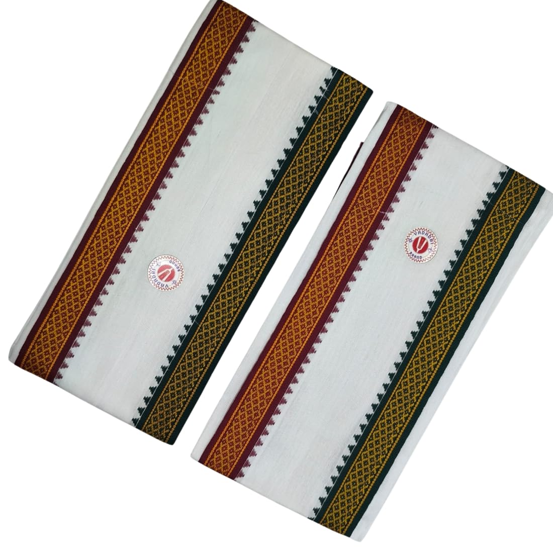 Shri Bhargavas Traders | Cotton Angavastram with Red & Green Border | Handloom Weaved Angavasthram | Pack of 2