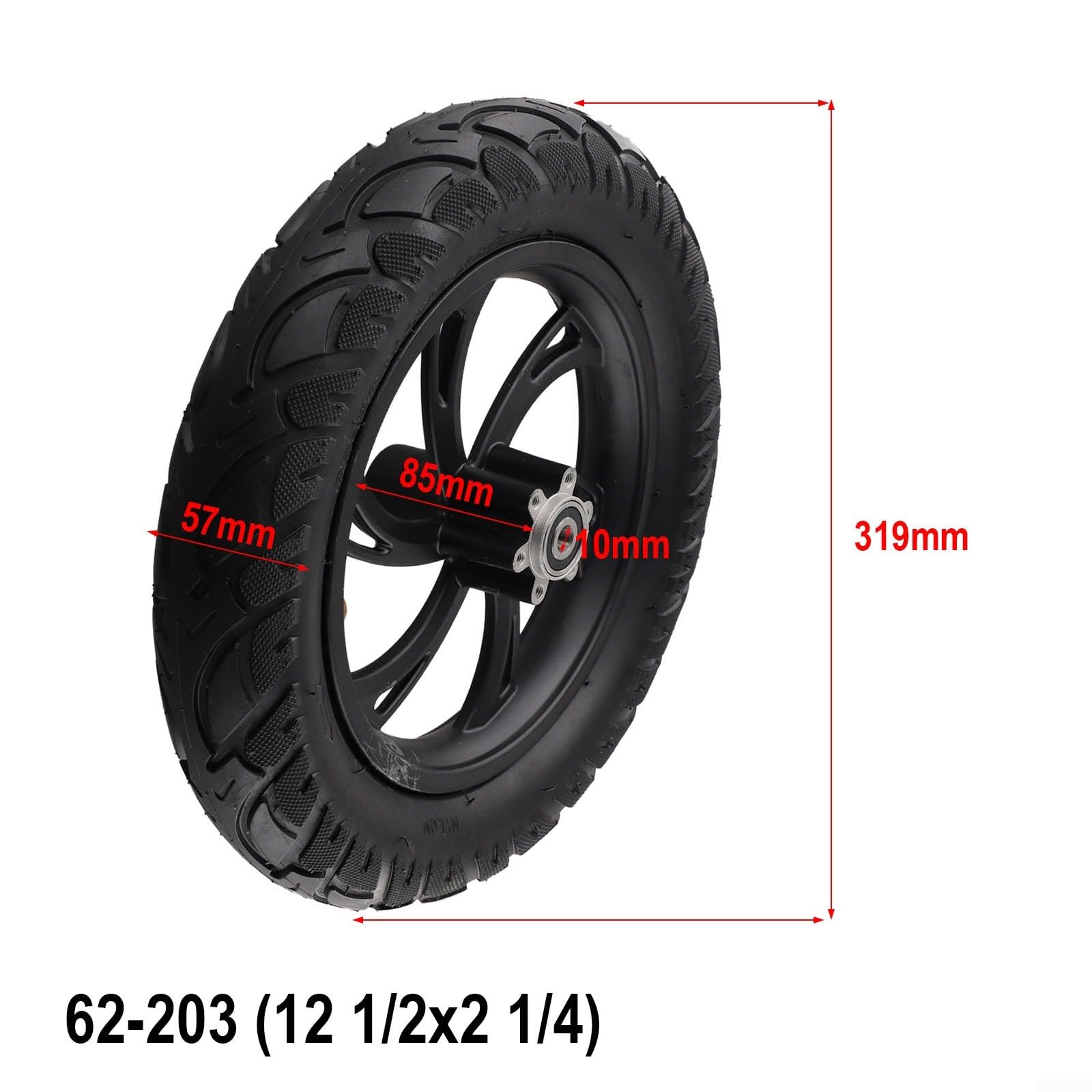 1 confezione da 12 1/2 x 2 1/4 pneumatici per scooter elettrico con freno a disco, ruota anteriore 62-203 in gomma e lega di alluminio mozzo per scooter elettrici pieghevoli uso privato terra nero