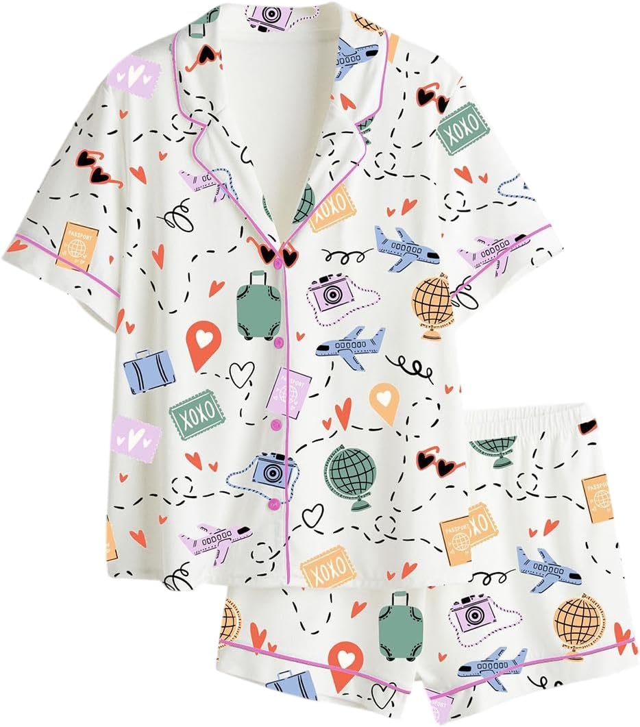 LOYAL-SHOP Women’s Tennis Satin Pajama Set, Let’s Play Tennis Green Pink Print Sleepwear