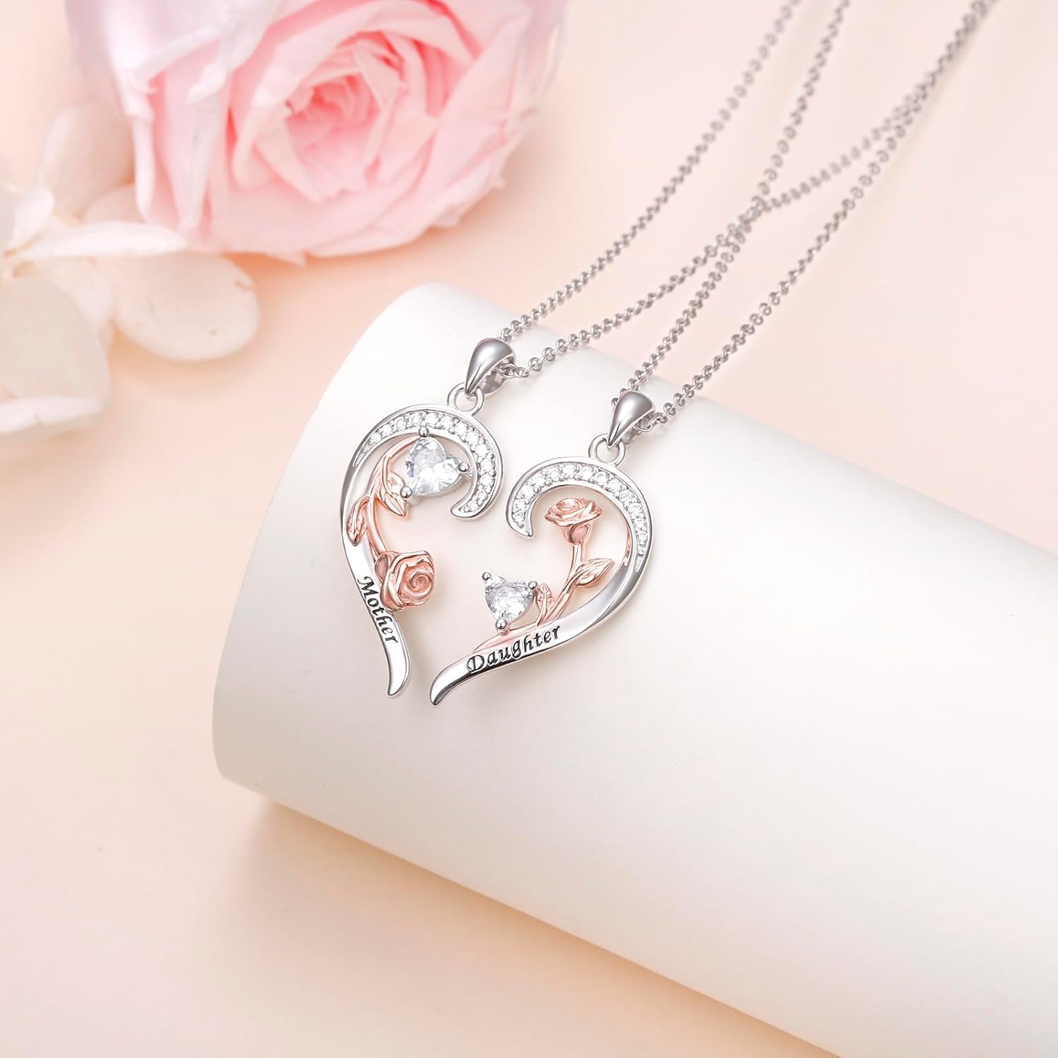 Mother Daughter Necklaces 925 Sterling Silver Rose/Sunflower/Sun moon Heart Matching Pendant Family Jewelry Mom and Daughter Gift for Mom Mothers Day Birthday Present