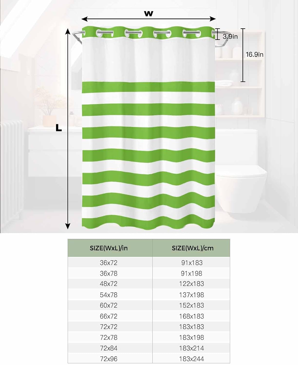 ALAGEO Shower Curtain with Snap-in Fabric Liner Set Green and White Stripes No Hook Shower Curtain with Mesh Top Window Striped Simple Style Shower Curtains Waterproof 72x72