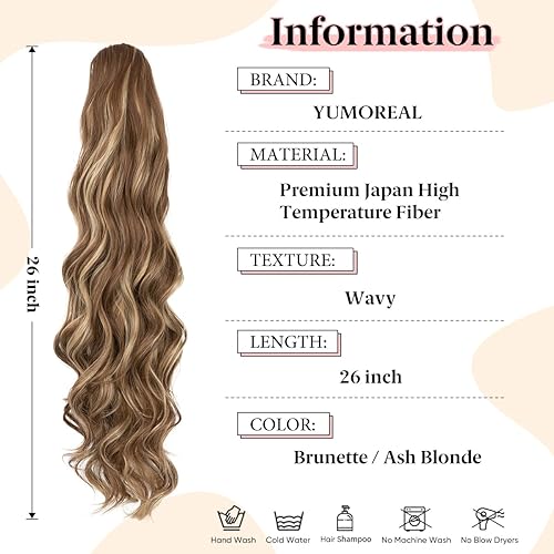 Miniatura 2 de Extensiones de cabello sintético ondulado con cordón para cola de caballo de 26 pulgadas, para mujer, castaño medio ceniza, rubio ceniza