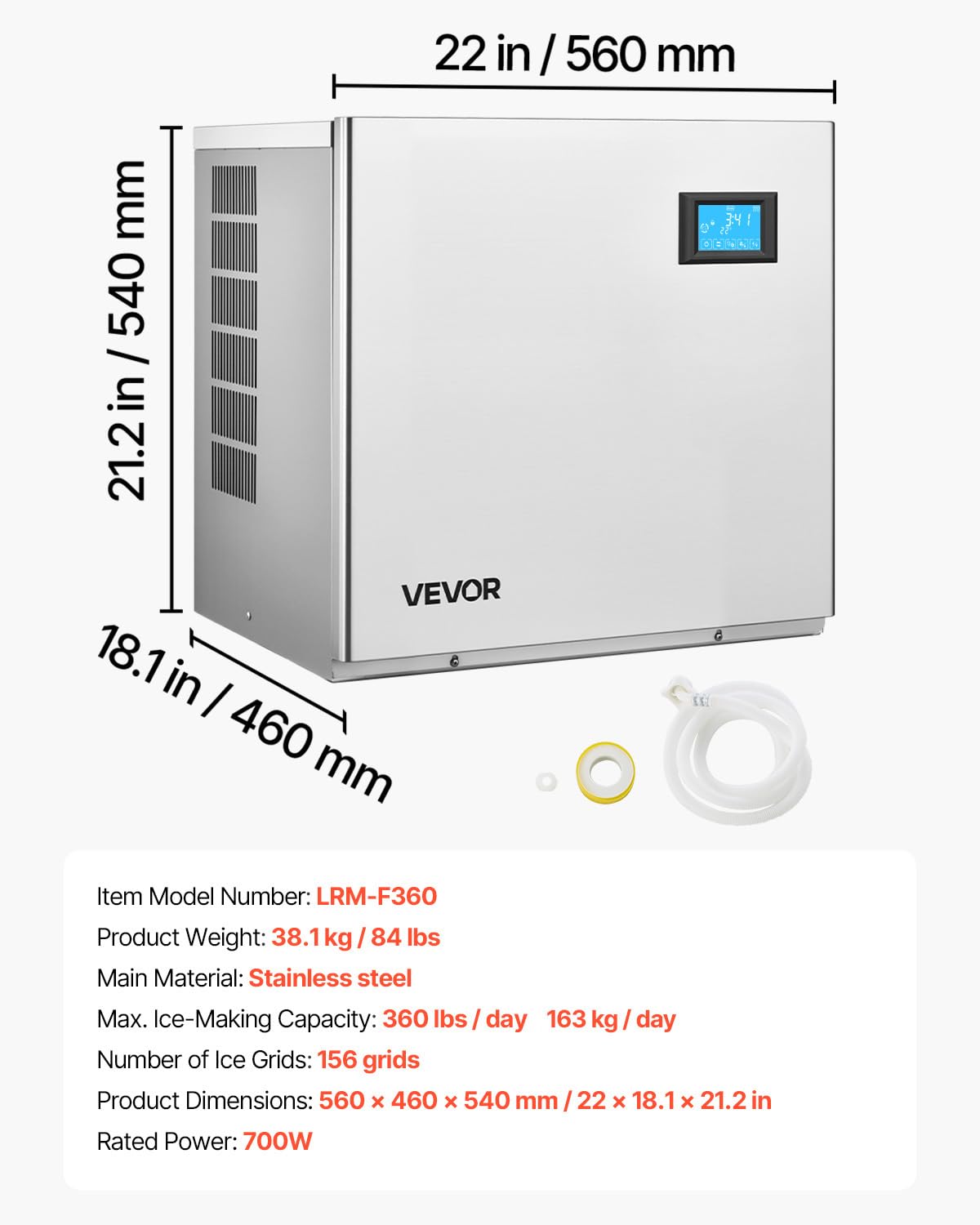 VEVOR Máquina para Fabricar Hielo 163 kg/día, Máquina de Hielo de Acero Inoxidable, Autolimpiante, 156 Bandejas, Grosor Ajustable, para Restaurantes, Bares, Cafeterías, Hoteles, (Solo Cabezal)