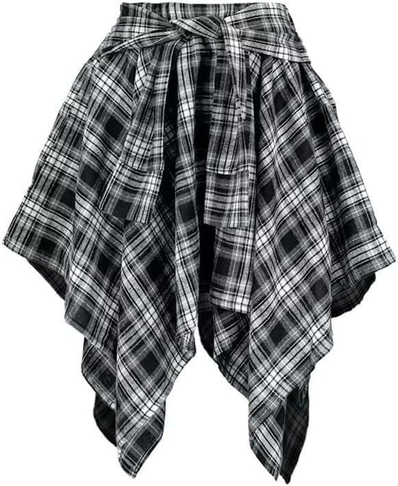 RAMOUG Summer Knot Skirts for Women Plaid Asymmetrical Hem High Waist Y2K Mini Short Skirt - Image 5