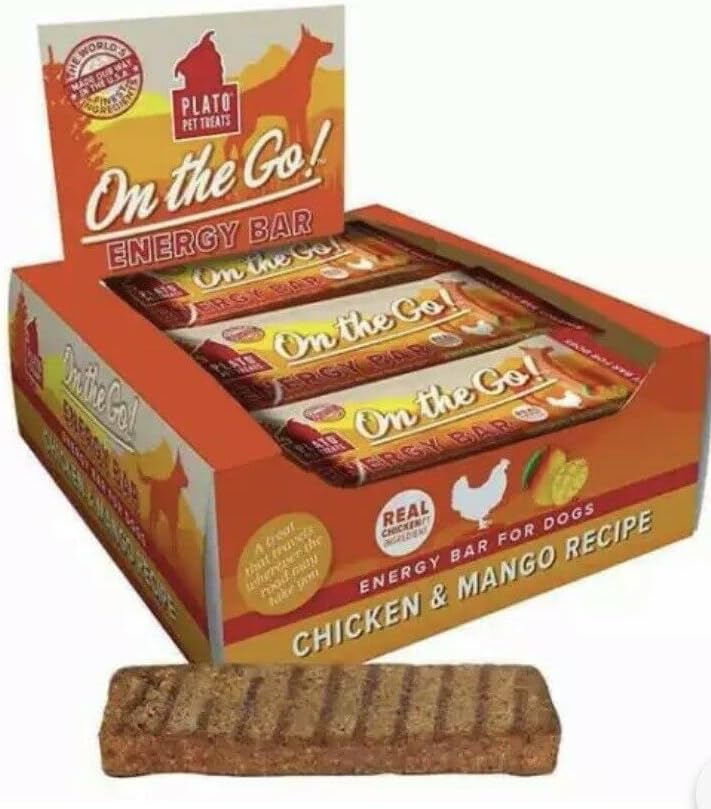 Plato On The GO! Bar Chicken & Mango Energy Bar Pet Treats for Dogs, 1.3 oz (36.85G) Each, Made with Real Chicken and Mango (24-Pack)