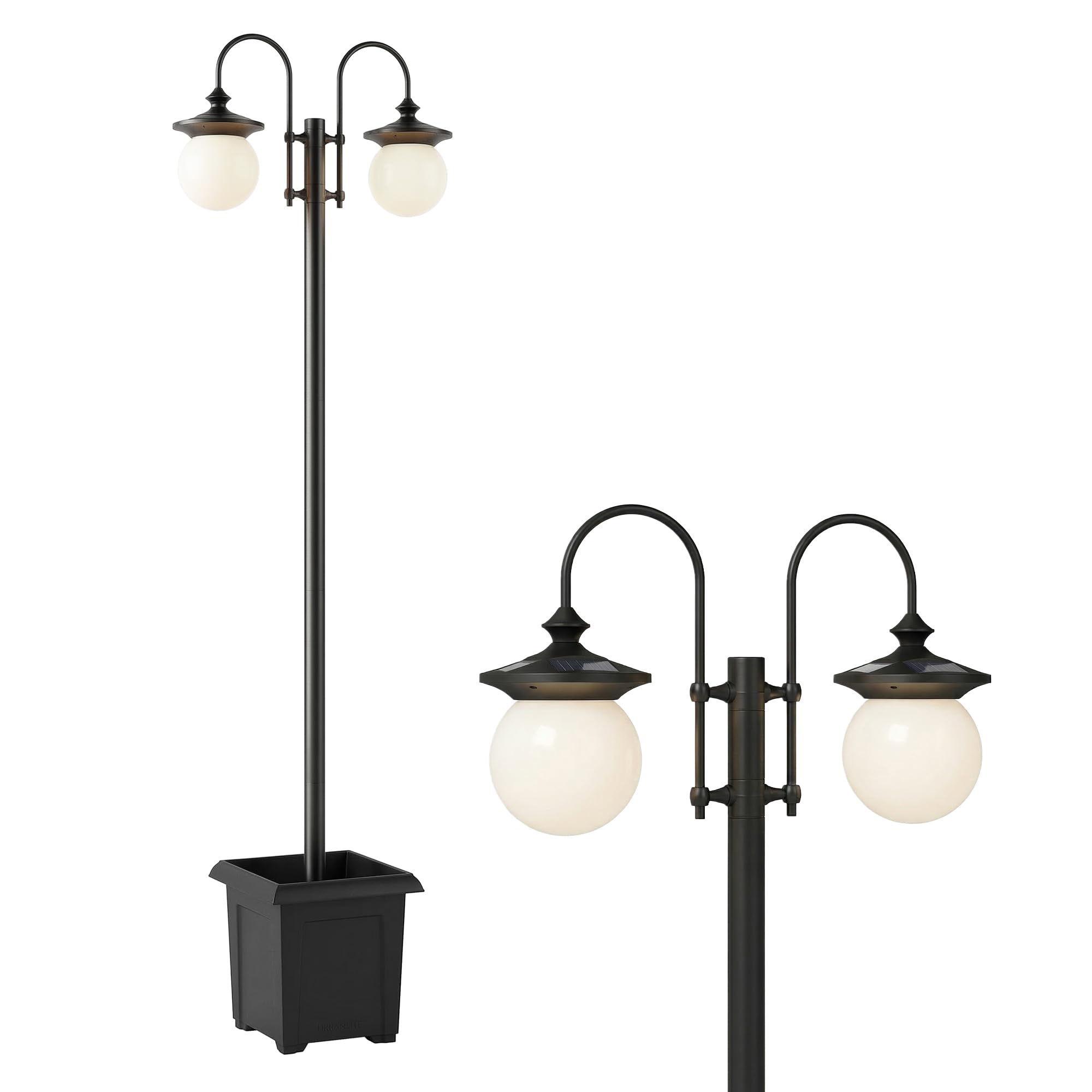Outsunny Farola Solar Exterior de Jardín con Macetero 53,5x30x182cm Negro | 2 Cabezales, Impermeable IP44, Encendido/Apagado Automático, Altura Ajustable, Luz Solar de Exterior LED, Terraza Patio
