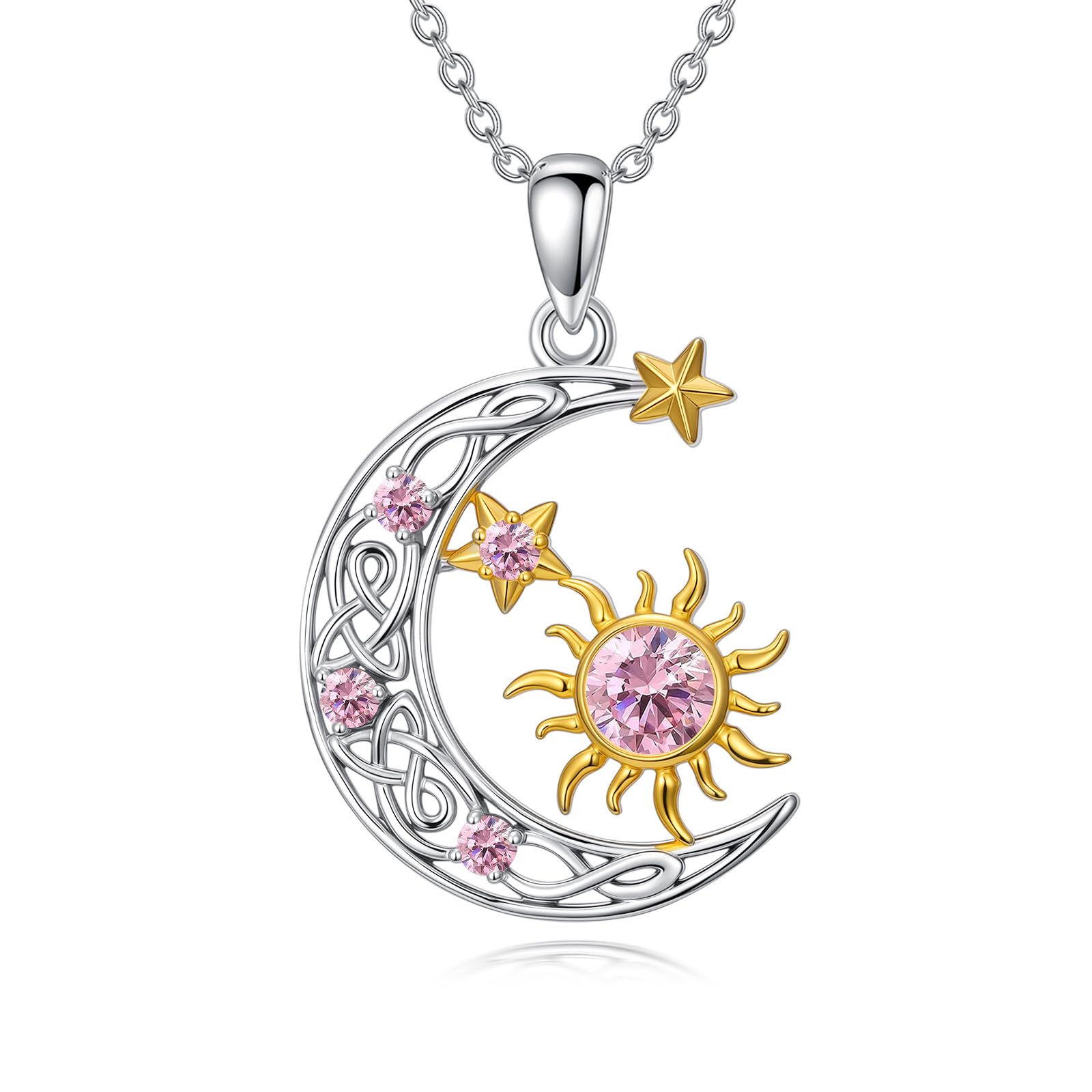 Sonne und Mond Halskette für Damen 925er Sterling Silber Sonne Mond Stern Geburtssteinen Anhänger Kette Geburtstag Weihnachten Schmuck Geschenk für Frauen Mutter Tochter Ehefrau