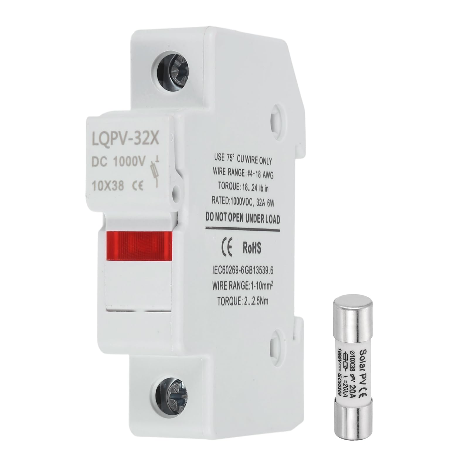 sourcing map Din Rail Fuse Holder with 1 Core Block,10x38mm 4-18AWG Single Pole Solar/Photovoltaic Fuse Holder DC 1000V 20A with Light Indicate for Solar PV Systems Battery Protect