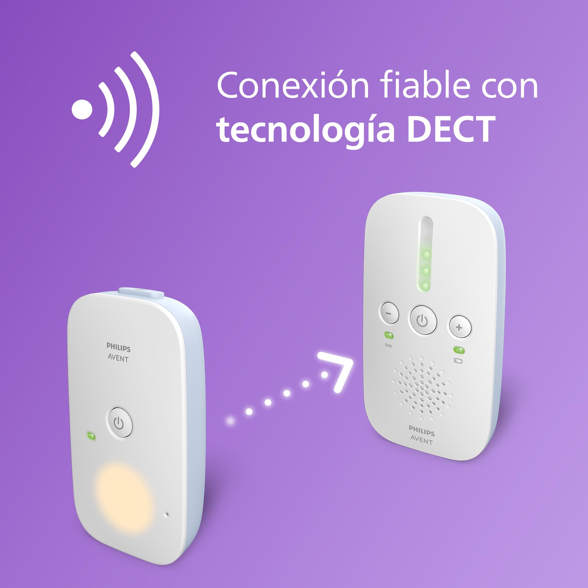 Philips Avent, vigilabebés con Audio DECT, Audio bidireccional, sin interferencias, Rango de 330 m, 24 Horas de duración de la batería, Modo ecológico Inteligente, luz Nocturna, SCD503/26