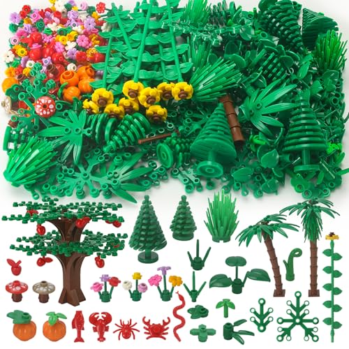 Feleph Gartenpflanzen-Bausteine Zubehör Blumen Büsche Palmen Blätter Sträucher Ranken Grünes Gras Bulk Botanische Teile und Elemente Bausteine Spielzeug für Dschungel Wald Park