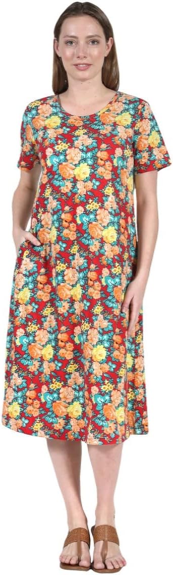 LA CERA Women's Cotton Sun Dresses A-Line with Scoop Neck, Short Sleeves, Side Pockets, Floral Patterns, Machine Wash