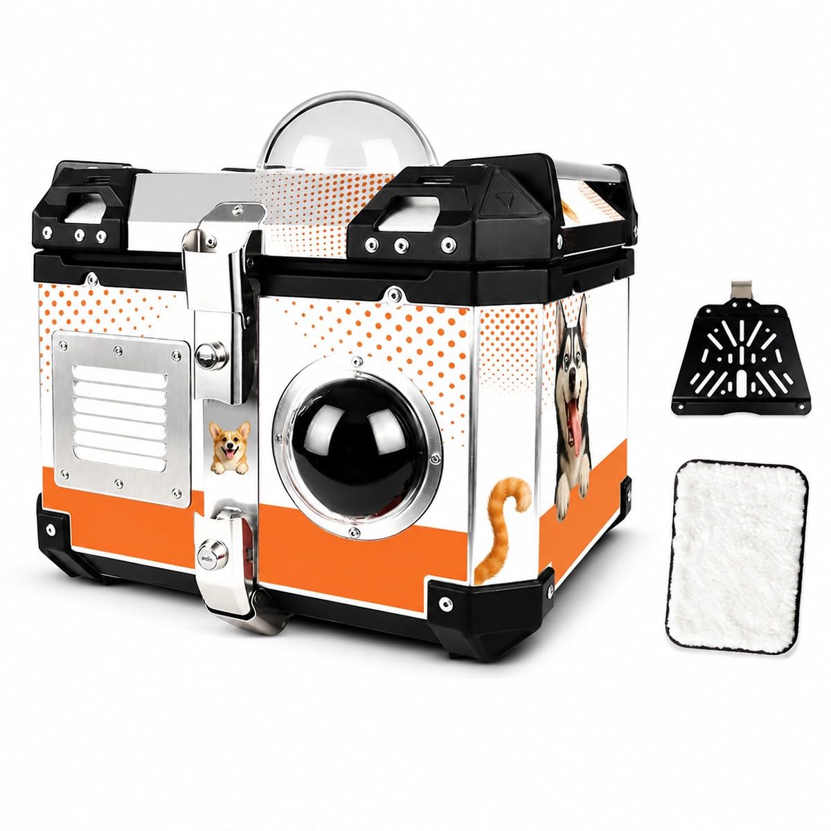 Baannaww Motorcycle Pet Carrier Top Case 45L 41×34×34cm Lockable Rear Tail Box for Scooter, E-Bike and Moped, Pet Travel Trunk with Bubble Window, Ventilation, Soft Mat and Mount Base Plate
